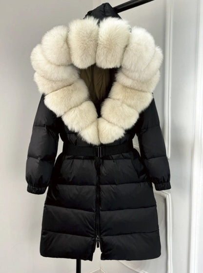 Janveny New Natural Thick Warm 90% White Duck Down Coat Long Winter Jacket Women Real Big Fox Fur Collar Belt Loose Puffer Parka