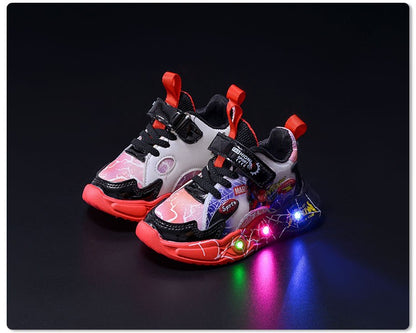 Boys Spiderman Sneakers Disney LED Children's Sport Shoes Fashion Anti-slip Kids Outdoor Shoes Student Design Pu Leather Shoes