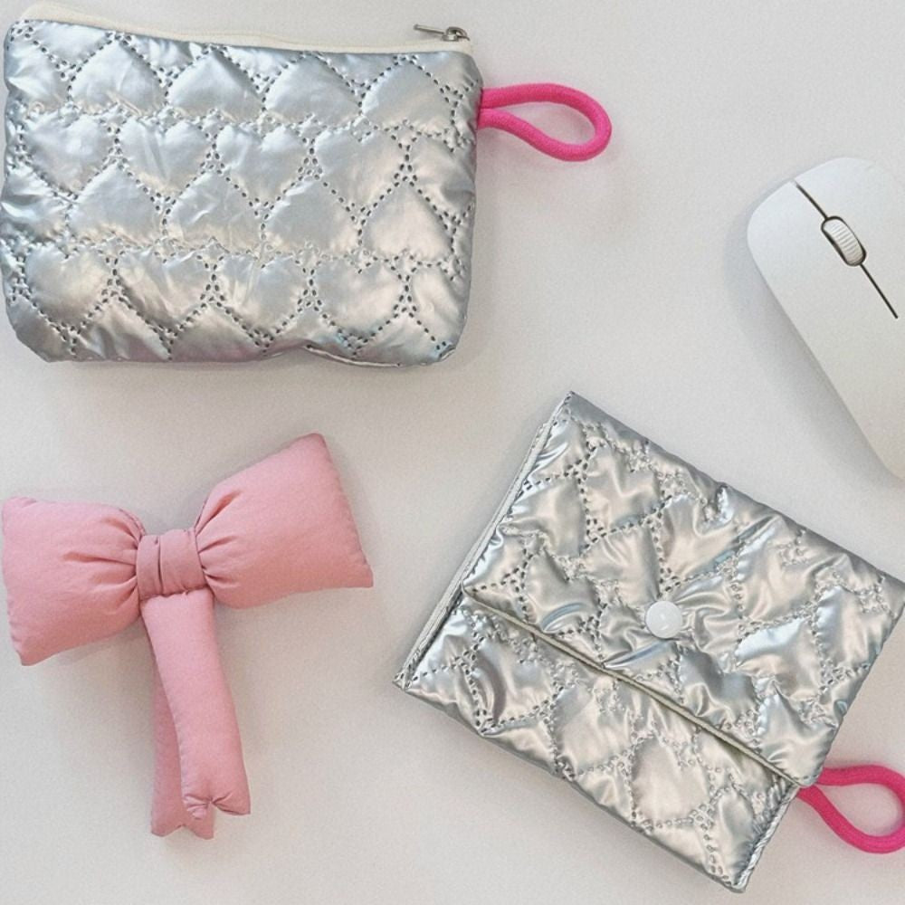 INS Style Silver Sanitary Mat Bag Zipper Button Change Purse Coins Keys Wallet Love Bow Credit Card Holder Cosmetics Napkin