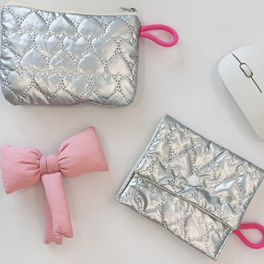 INS Style Silver Sanitary Mat Bag Zipper Button Change Purse Coins Keys Wallet Love Bow Credit Card Holder Cosmetics Napkin