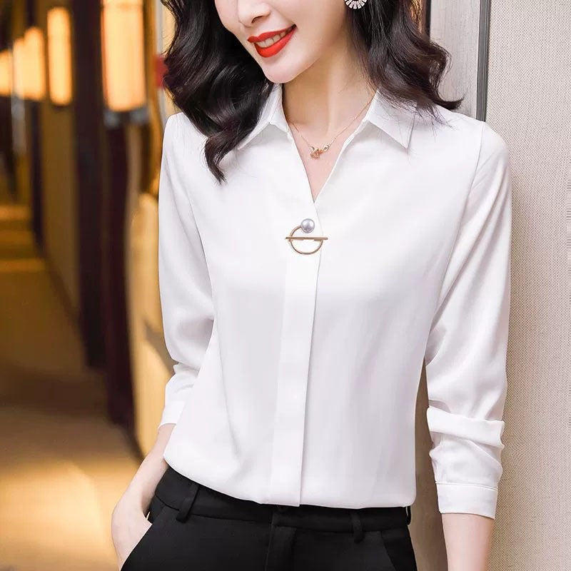 Elegant Women Chiffon Blouse 2025 New Temperament Turndown Collar Office Lady Shirt Streetwear Casual Solid Color Tops Clothing