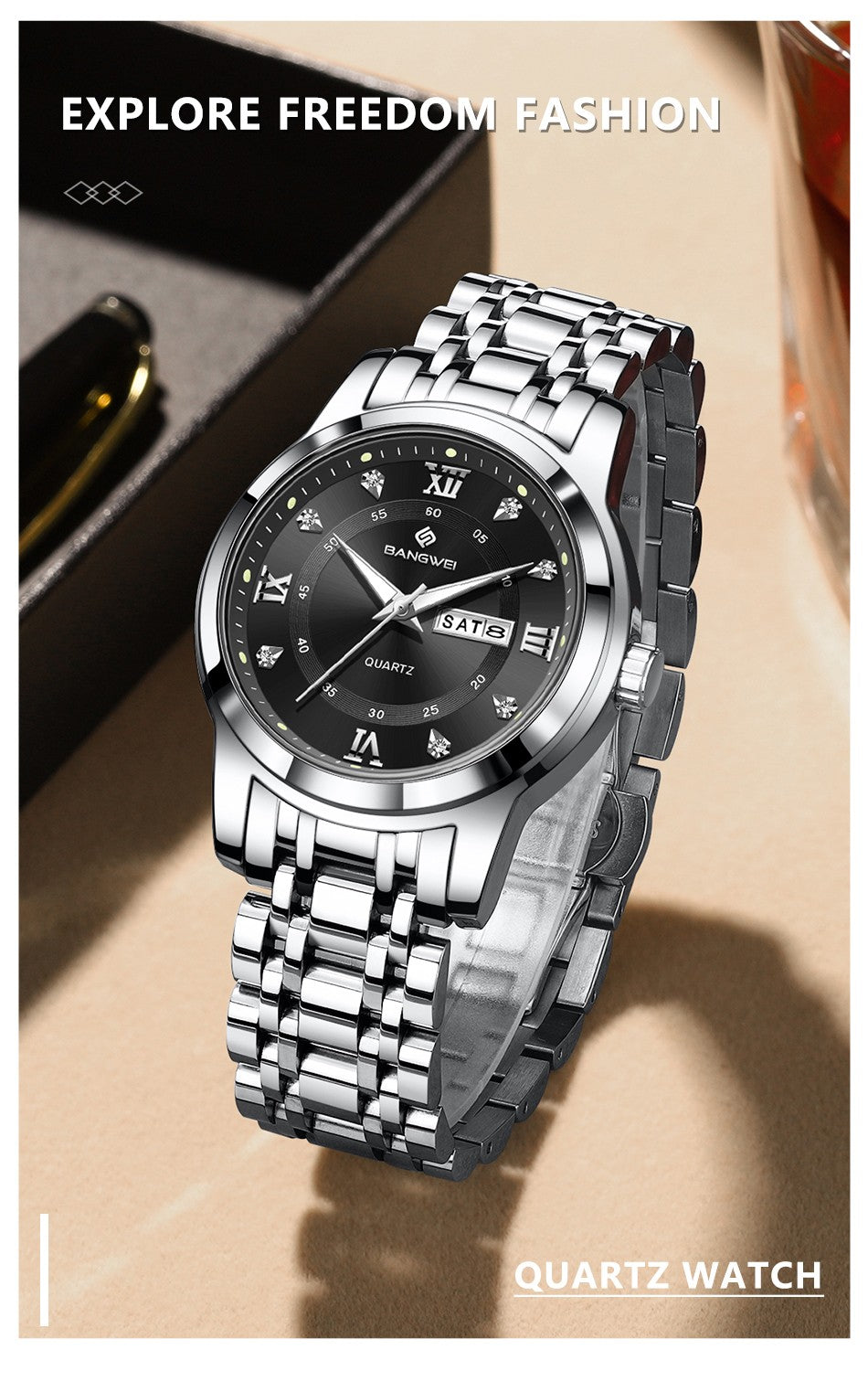 LIGE Brand BANGWEI Quartz Man Watch Fashion Stainless Steel Band Business Luxury Diamond Waterproof Calendar Watches for Men+Box