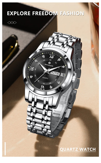 LIGE Brand BANGWEI Quartz Man Watch Fashion Stainless Steel Band Business Luxury Diamond Waterproof Calendar Watches for Men+Box