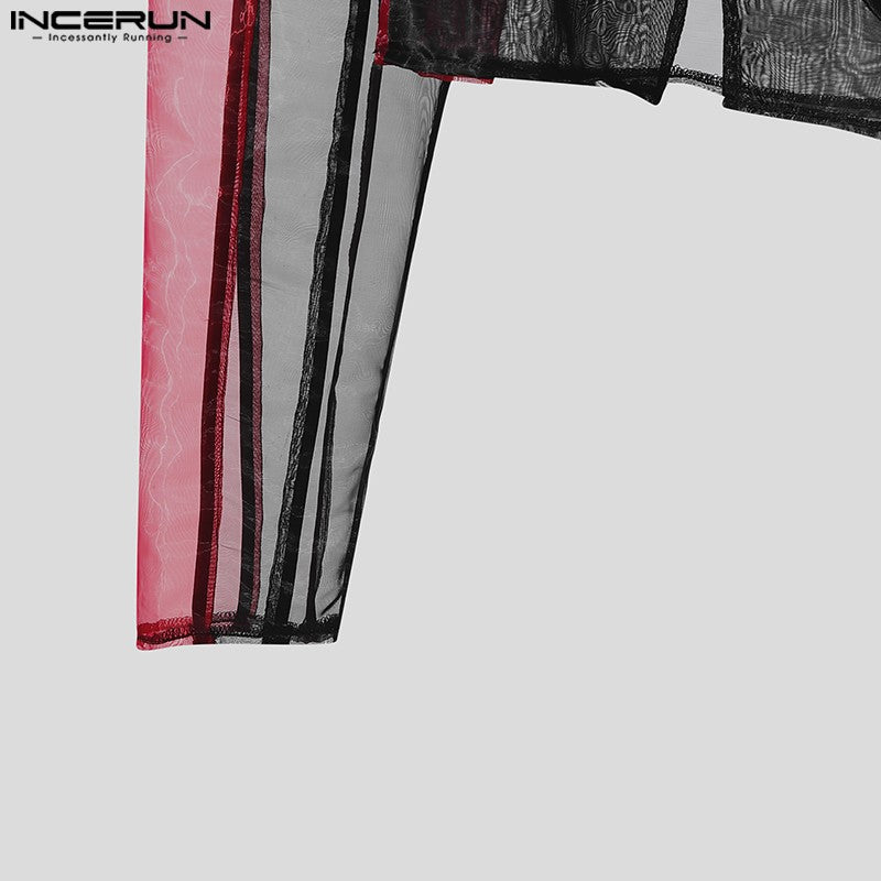 INCERUN Tops American Style Fashion Men Personality Splicing Contrast Color Suit Coat Casual Streetwear Male Long Sleeved Blazer