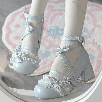 Sapatos de salto alto Lolita vermelhos, sapatos de salto grosso de renda para primavera e outono, sapatos de couro envernizado Mary Jane para mulheres