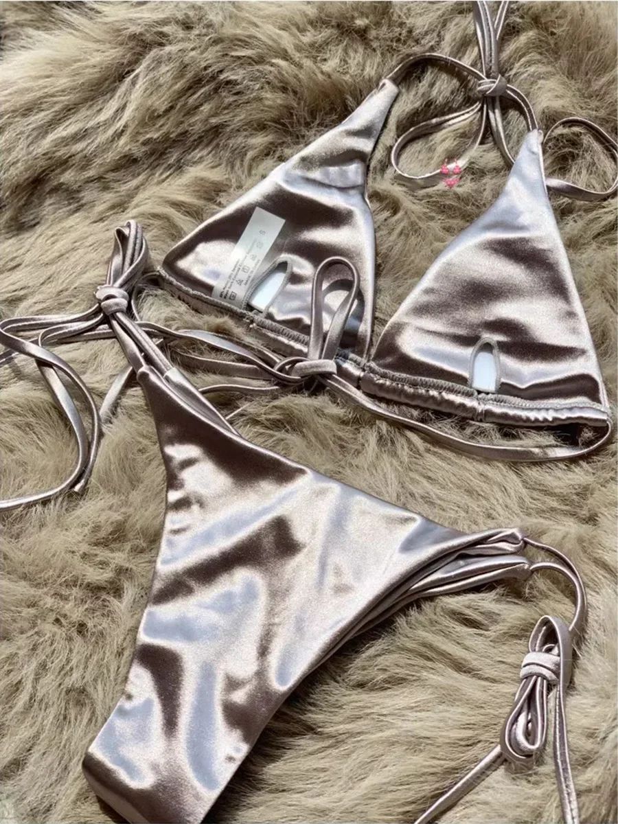 Wrap Around Halter Metallic Satin Bikini Women Swimwear Female Swimsuit Two-pieces Bikini Set Brazilian Bathing Suit Swim Lady