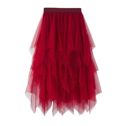 New Fairycore Lady ´s Fashionable Sexy Solid Color Mesh Skirt, Irregular Elastic Tulle Bubble Skirt, Daily Life and Vacation