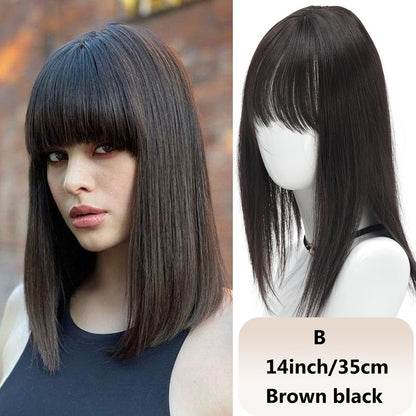 Franja sintética feminina de 25 cm/35 cm, lisa, aplique de cabelo topo, três presilhas, peruca preta/peruca marrom/peruca bege/peruca cáqui