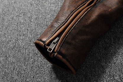 Vintage Heavyweight Cowhide Jacket, Distressed Genuine Leather Coat for Men with Stand Collar, Biker Motorcycle Leather Jacket