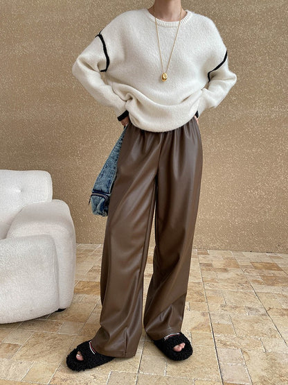 High Elastic Waist Coffee Pu Leather Long Wide Leg Pants New Trousers Women Fashion Tide Spring Autumn