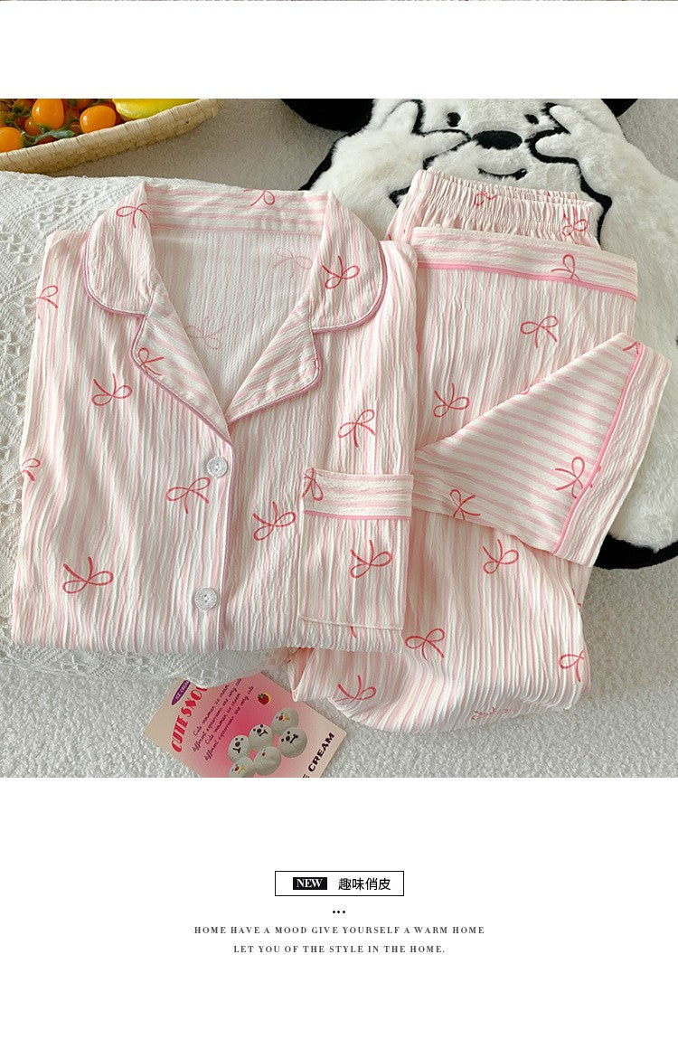 Spring and Autumn Sweet Bow Korean Style Ins Wrinkled Fabric Long Sleeve Cardigan Nightgown Women's High-Quality Homewear Set