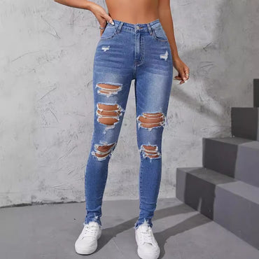 Washed Ripped Skinny Jeans Women's Spring and Fall New Fashion Street High-waisted Jeans Casual Small Leg Pants Pencil Pants