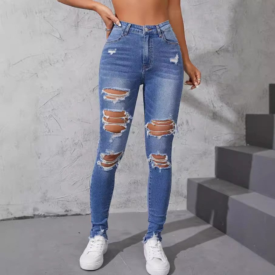 Washed Ripped Skinny Jeans Women's Spring and Fall New Fashion Street High-waisted Jeans Casual Small Leg Pants Pencil Pants