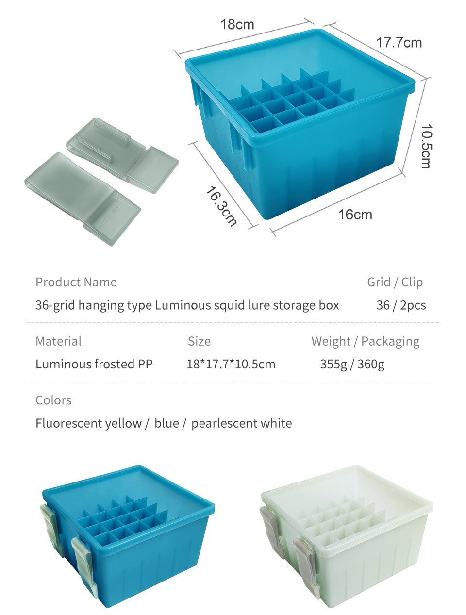 Nova Caixa de Pesca Luminosa de Plástico com 36 Compartimentos, Caixa de Armazenamento para Iscas Rígidas, Organizador de Polvo Webfoot Egi, Recipiente para Iscas de Lula