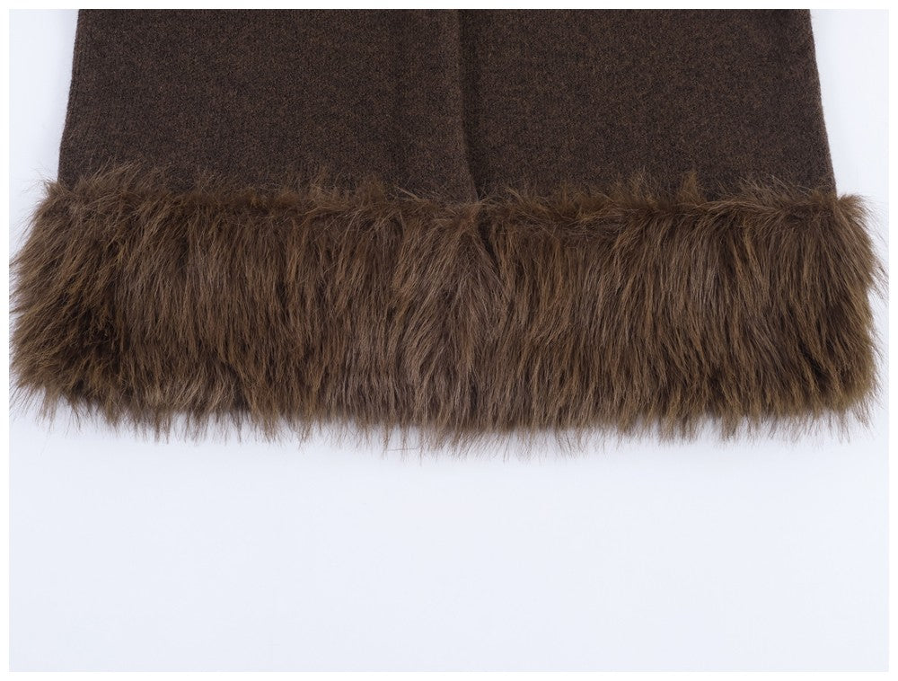 Ladies Coat With Plush Hem Faux Fur Single Breasted Patchwork Knitted Coat Autumn And Winter Daily Fashion Versatile Coat