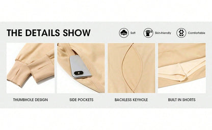 Sexy Women Long Sleeve Active Dress Mid-Calf Elastic Waist Pleated Backless Keyhole Workout Dress With Built In Shorts