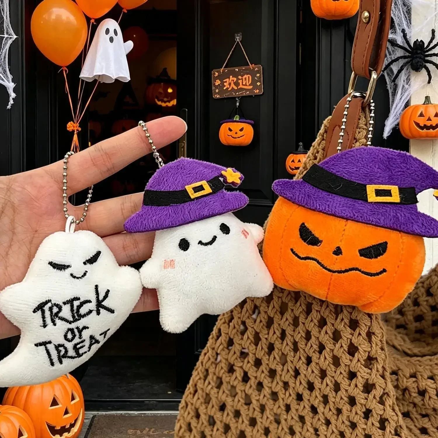 Funny Halloween Plush Keychain Pumpkin Head Kawaii Cartoon Plush Pendant Decoration Soft Furry Bag Pendant Gift Giving