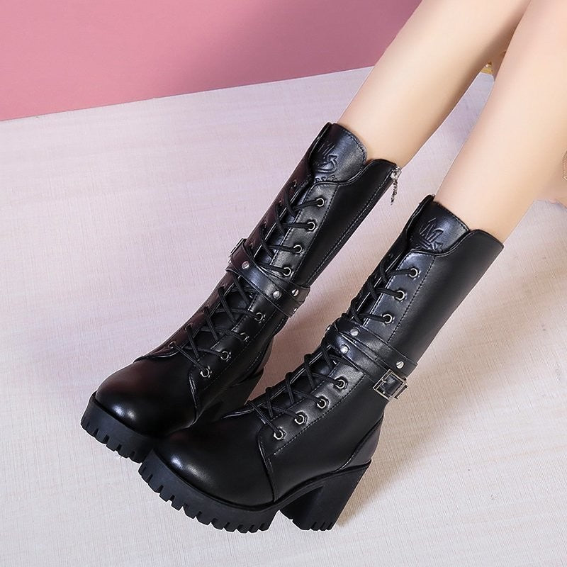 Winter New Solid Color Thick Sole Increase Buckle Design Model Boots Round Head Square Heel Non-slip Women's Mid-calf Boots