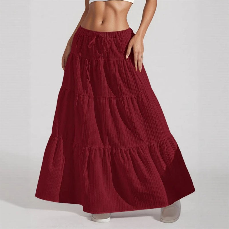 Summer Women White Long Skirt Solid Basic Lace Up Bow Low-Waisted Big Swing Skirts Female Street Casual Loose Spliced Maxi Dress