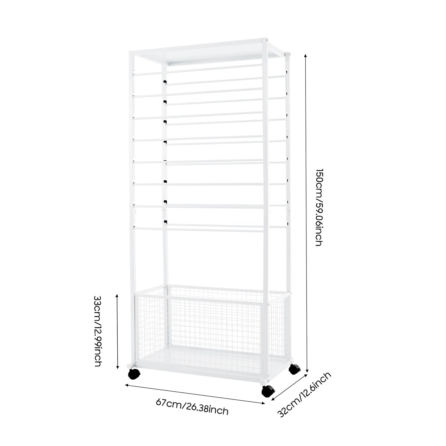 16 Tier Double-sided Ribbon Storage Rack, 67x32x150cm Baking Paint Iron Display Stand, Adjustable Crossbars Lockable Swivel Wheels Top Shelf Bottom Basket For Florist Wrapping Paper Organizing