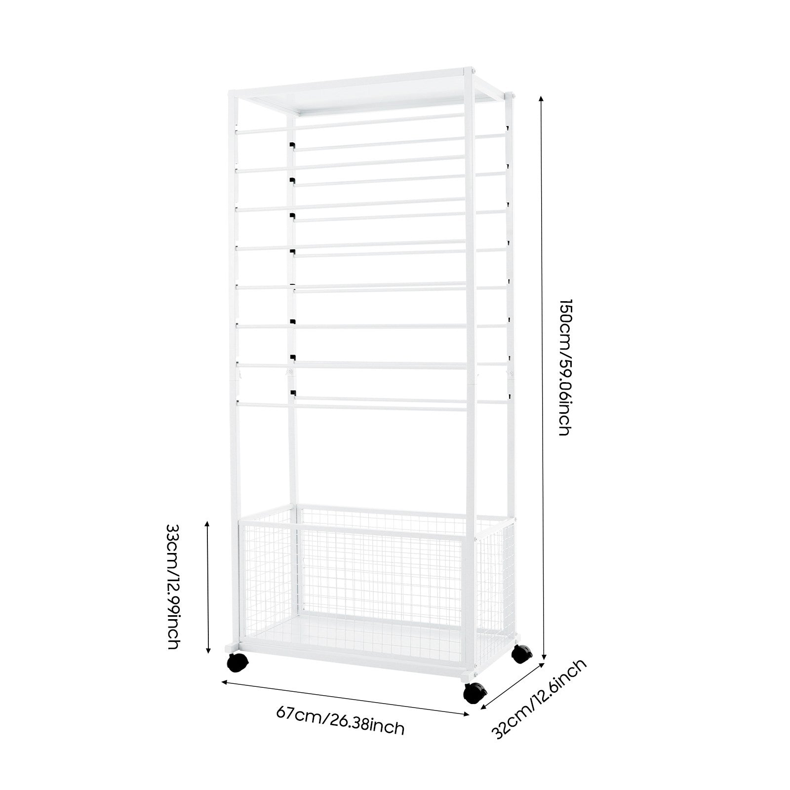 16 Tier Double-sided Ribbon Storage Rack, 67x32x150cm Baking Paint Iron Display Stand, Adjustable Crossbars Lockable Swivel Wheels Top Shelf Bottom Basket For Florist Wrapping Paper Organizing