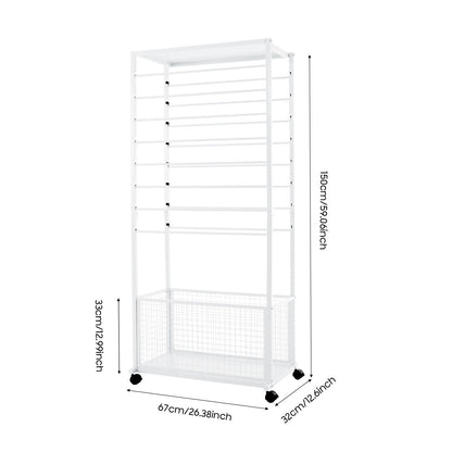 16 Tier Double-sided Ribbon Storage Rack, 67x32x150cm Baking Paint Iron Display Stand, Adjustable Crossbars Lockable Swivel Wheels Top Shelf Bottom Basket For Florist Wrapping Paper Organizing