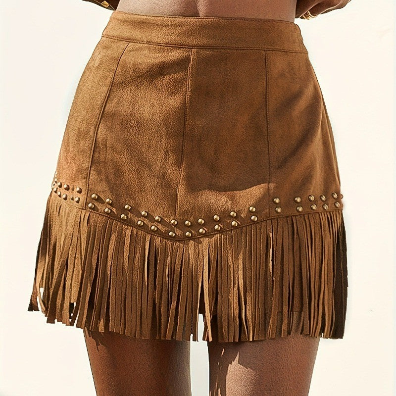 2025 European and American Style Elegant Vacation Style Women's Clothing Suede Fringed Rivet Design Short Skirt Suede