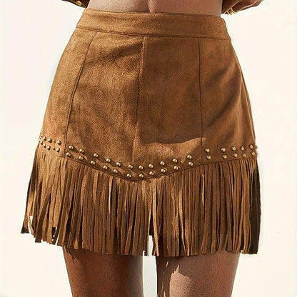 2025 European and American Style Elegant Vacation Style Women's Clothing Suede Fringed Rivet Design Short Skirt Suede