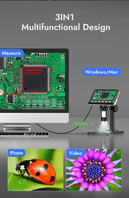 Microscópio Digital Hayve 4.3'' 1600X Microscópio USB 1080p Microscópio para Solda com 8 LEDs Compatível com Windows/Mac OS (DM7)