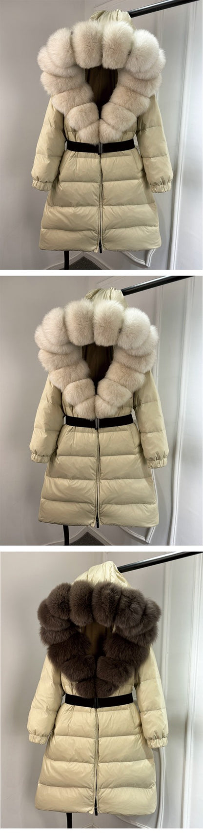 Janveny New Natural Thick Warm 90% White Duck Down Coat Long Winter Jacket Women Real Big Fox Fur Collar Belt Loose Puffer Parka