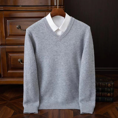 2025 Men's 100% Merino Wool Cashmere V-neck Sweater Pullover Smart Casual Basic Long Sleeve Knitwear Clothes Tops Autumn Winter
