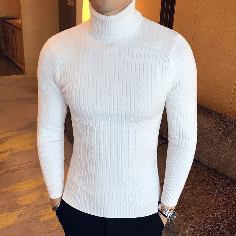 Autumn and Winter Men's Sweater Thin Elastic Fine Knitted Warm Top Versatile High Neck Solid Color Tight Fitting Pullover Top