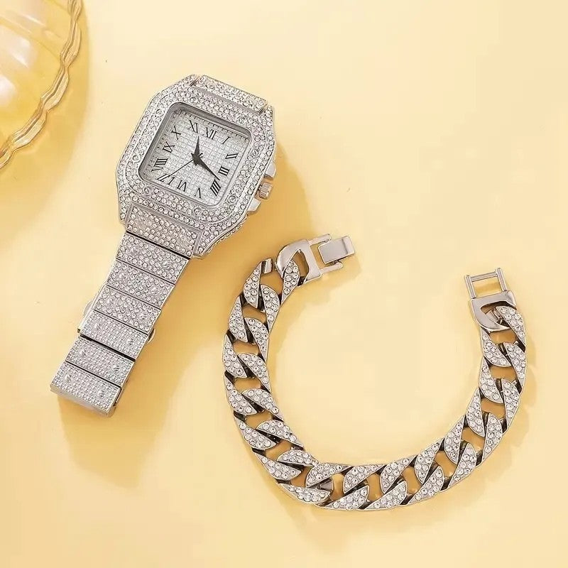 2pcs Luxury Fashion Men Women Watch Set Silver Strap Ladies Quartz Wristwatch Alloy Bracelet For Ladies Gift (without box)