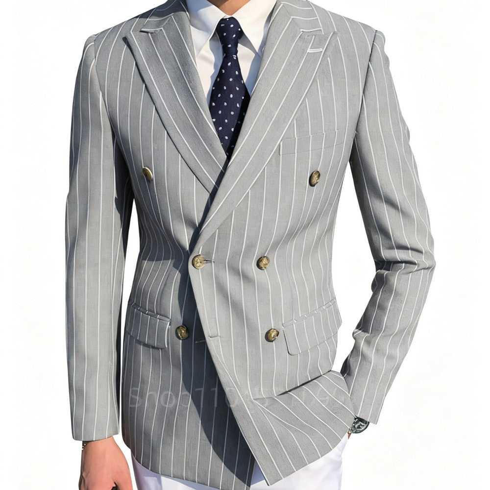 Men's Brown Striped Blazer Double Breasted Jacket Peak Lapel Spring New Style Male Outerwear