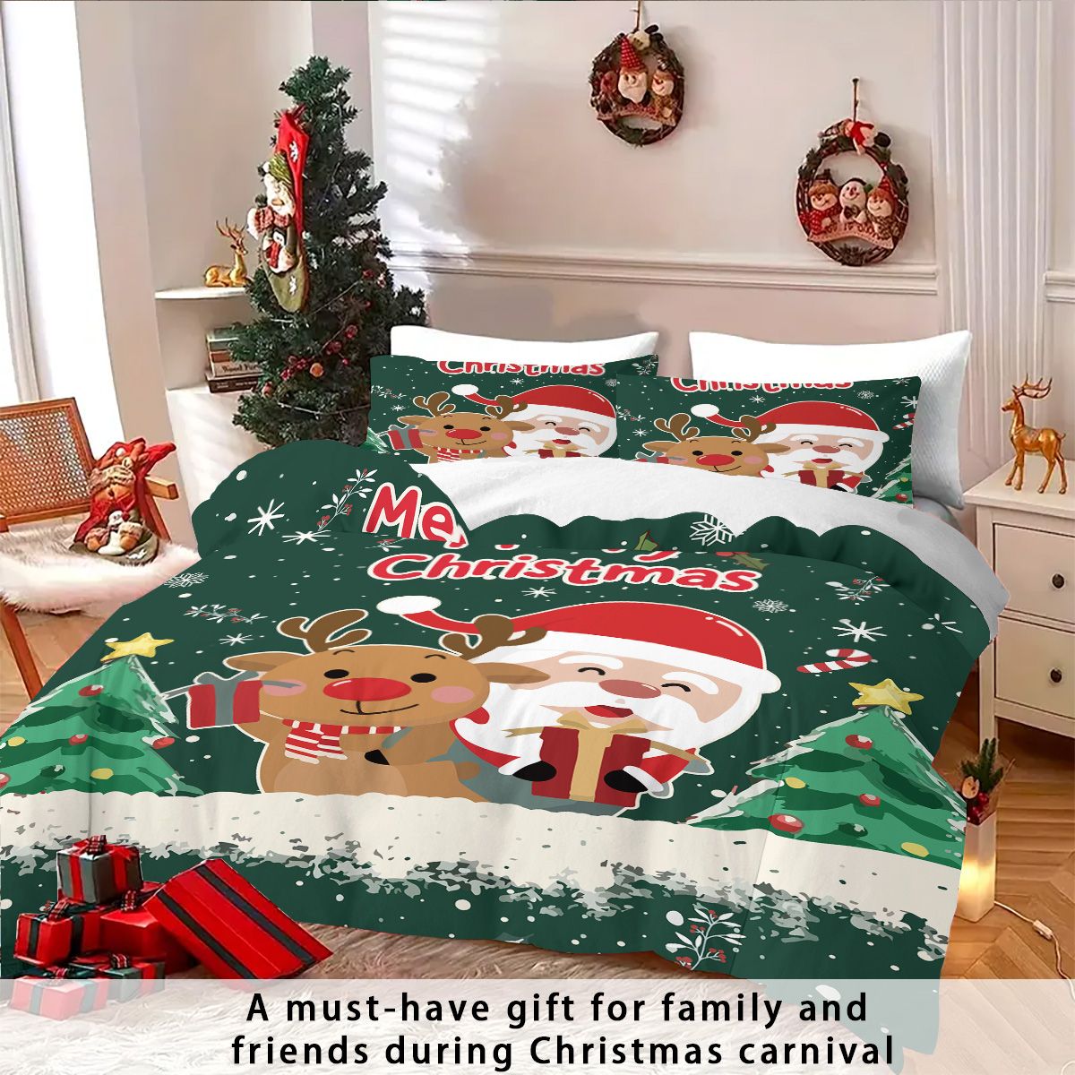 3pcs Santa Claus Christmas Tree Print Coreless Duvet Set Bedroom Dormitory Bedding Decoration Comfortable Machine Washable