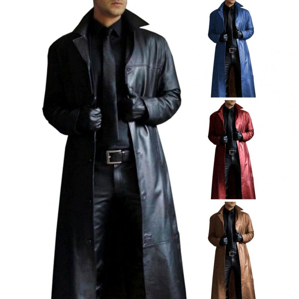 2024 New Men's Long Leather Jackets Goth Punk Button Trench Coat Solid Lapel Collar Long Pu Windbreaker Winter Leather Coats
