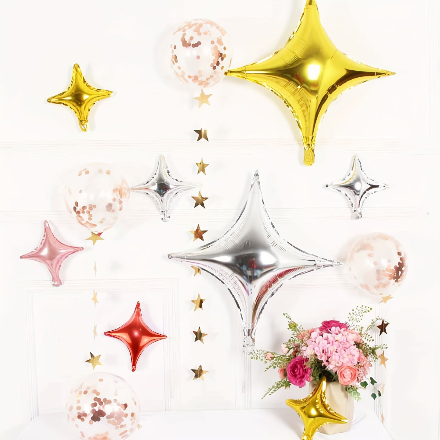 20-Pack of Silver Four-Pointed Star Balloons, Party Foil Balloons, 4 Silver Four-Pointed Star Balloons and 16 Silver 10inch Four-Pointed Star Balloons, Suitable for Birthday Parties, Theme Party Decorations