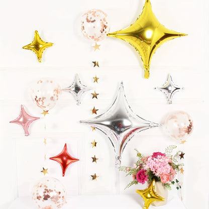 20-Pack of Silver Four-Pointed Star Balloons, Party Foil Balloons, 4 Silver Four-Pointed Star Balloons and 16 Silver 10inch Four-Pointed Star Balloons, Suitable for Birthday Parties, Theme Party Decorations