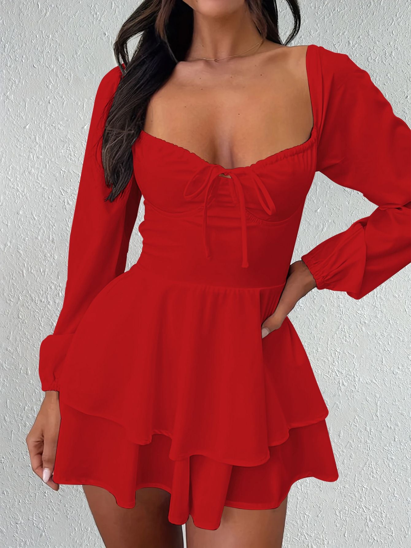 Sexy And Elegant V-neck Backless Waist Cinched Long Sleeved Dress Nightclub Party Style White Lace Up Ruffle Edge Short Skirt