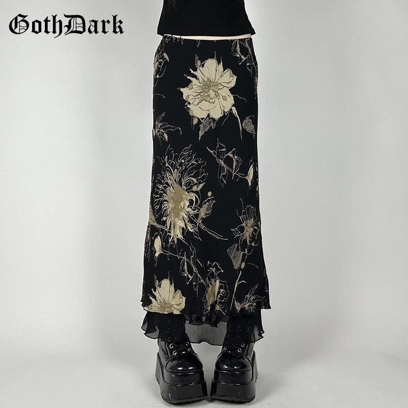 Goth Dark Y2K Aestheics Double Layer Mesh A-line Skirt Women Fashion Florals Pri