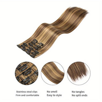 Extensões de Cabelo Sintéticas Lisas Longas com 16 Grampos para Mulheres e Meninas Acessórios para Cabelo