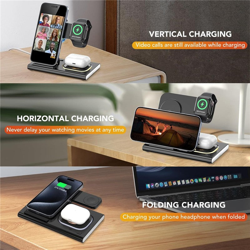 Carregador Sem Fio Dobrável 3 Em 1 De 300W Suporte Pad Estação De Carregamento Rápido De Mesa Para iPhone 16 15 14 13 Samsung Apple Watch Airpods