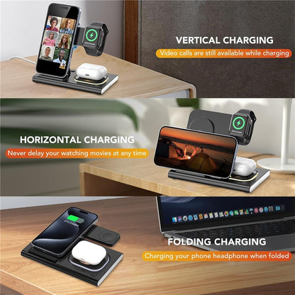 Carregador Sem Fio Dobrável 3 Em 1 De 300W Suporte Pad Estação De Carregamento Rápido De Mesa Para iPhone 16 15 14 13 Samsung Apple Watch Airpods