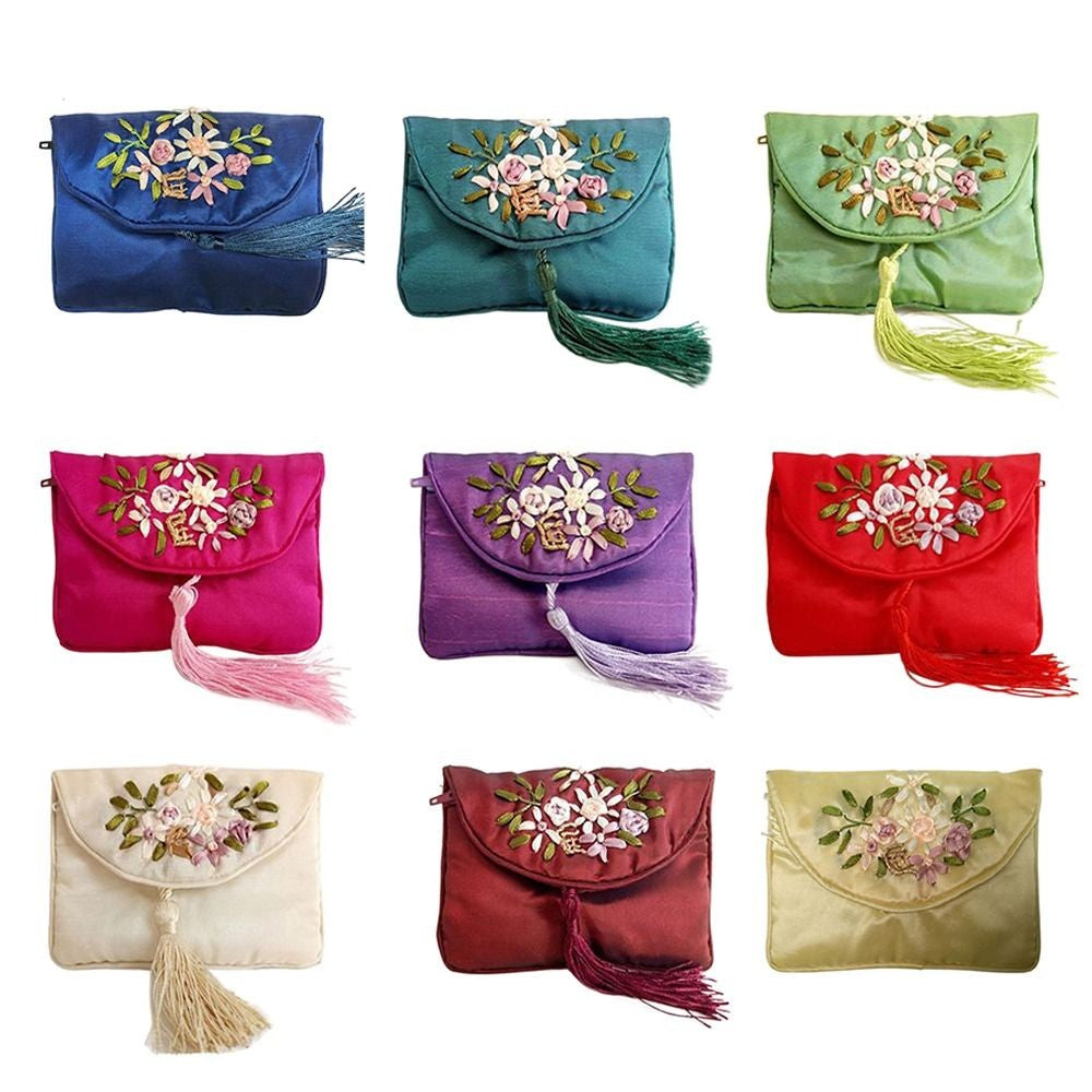 Retro Embroidered Flower Women Tassels Handbags Elegant Handmade Ethnic Style National Small Bag Card Storage Zipper Coin Purse