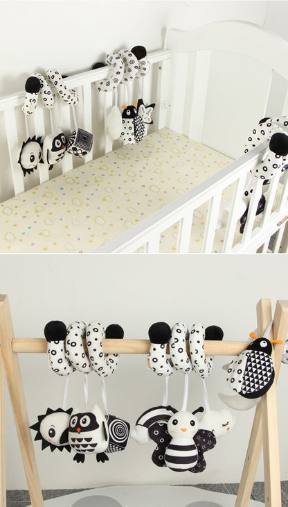 Baby Black And White Animal Hanging Toys Car Seat  Baby Spiral Activity Hanging Toys Plush Zoon Music BB Squeaker Rattles Gift