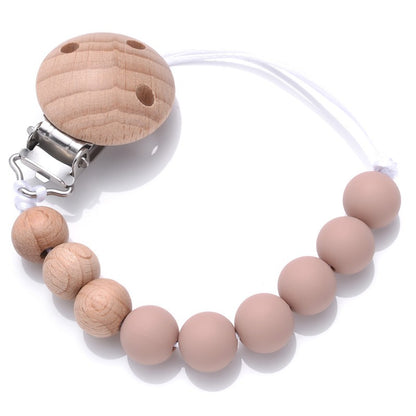Handmade Beech Wood Baby Pacifier Chain Round Silicone Beads Infant Appease Soother Clips Anti-Drop Dummy Holder Nipple Clip