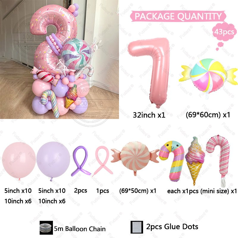 Sweet Pink Lollipop Theme Balloon Column with 32inch Number IcecreamHappy Birthday Party Decora Gifts Supplies