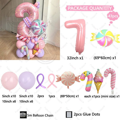 Sweet Pink Lollipop Theme Balloon Column with 32inch Number IcecreamHappy Birthday Party Decora Gifts Supplies