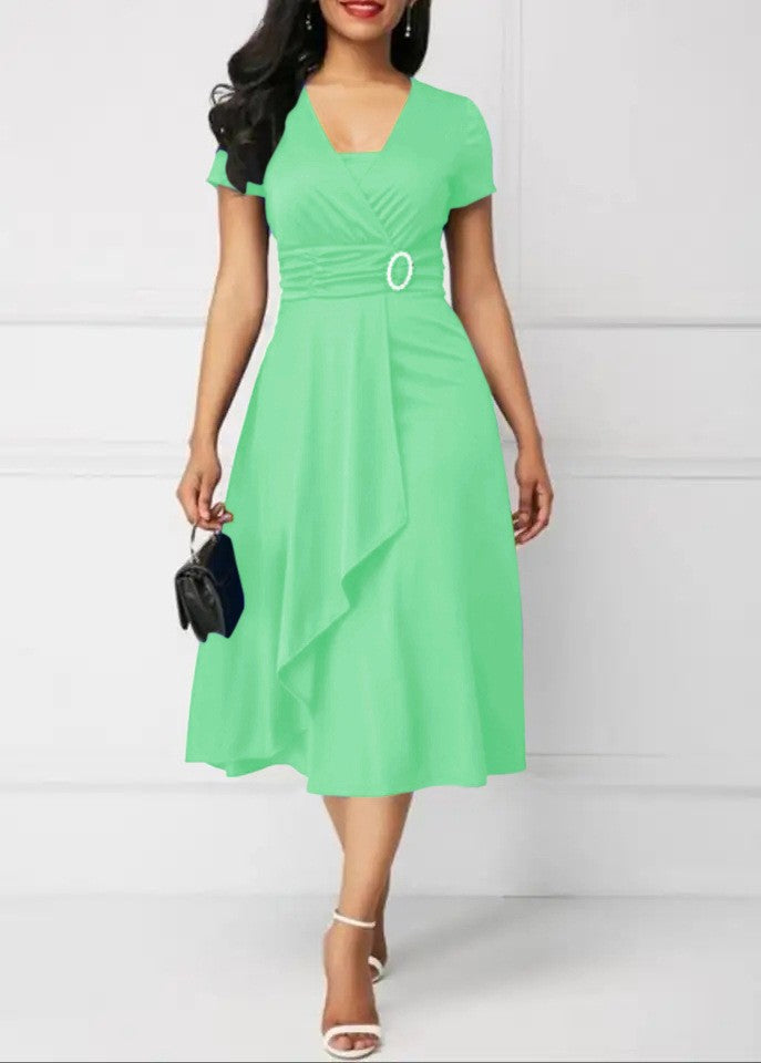 Summer Dresses Elegant Women Solid Color Short Sleeve V Neck Asymmetric Hem Wais