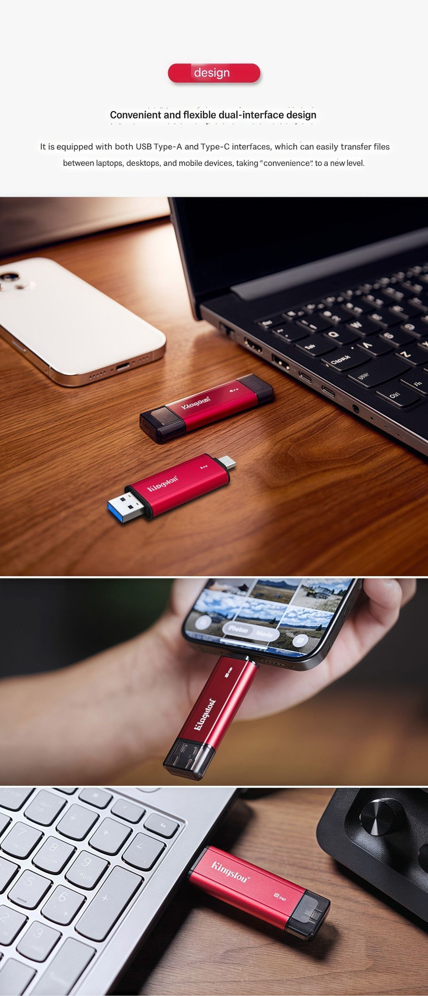 Pendrive USB de estado sólido portátil de alta capacidade Kingston, interface dupla USB 3.2/Gen2 Tipo-C, 1TB